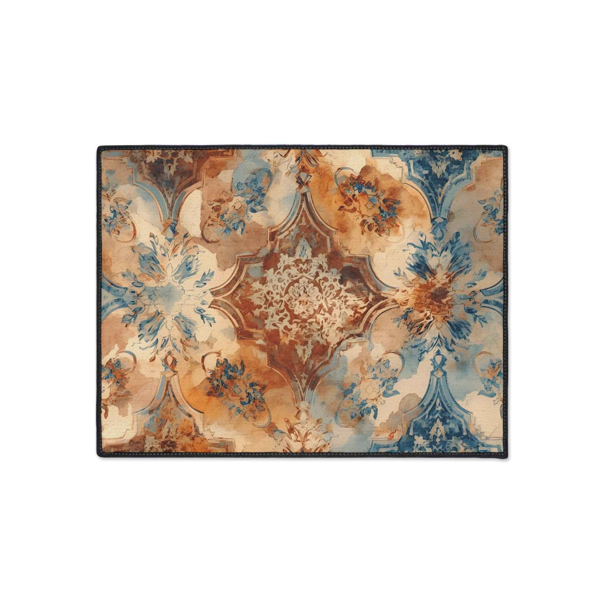 Vintage Floral Heavy-Duty Floor Mat — Ornate Blue & Rust Entry Rug